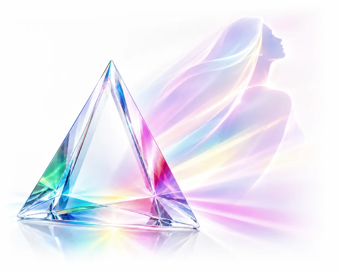 Prisma de cristal que proyecta rayos de luz que forman la silueta de una mujer